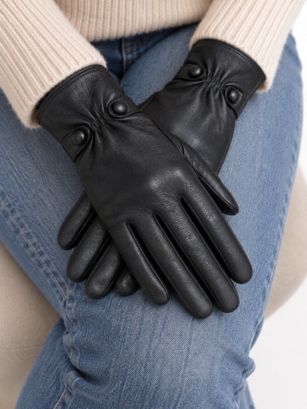 LE CHATEAU Goat Leather Driving Gloves Black Small Fur Lined Moto Biker Classic